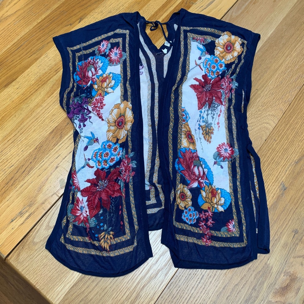 Moth Anthropologie Floral Scarf Print Kimono Cardigan Navy Blue Cotton SM SM
